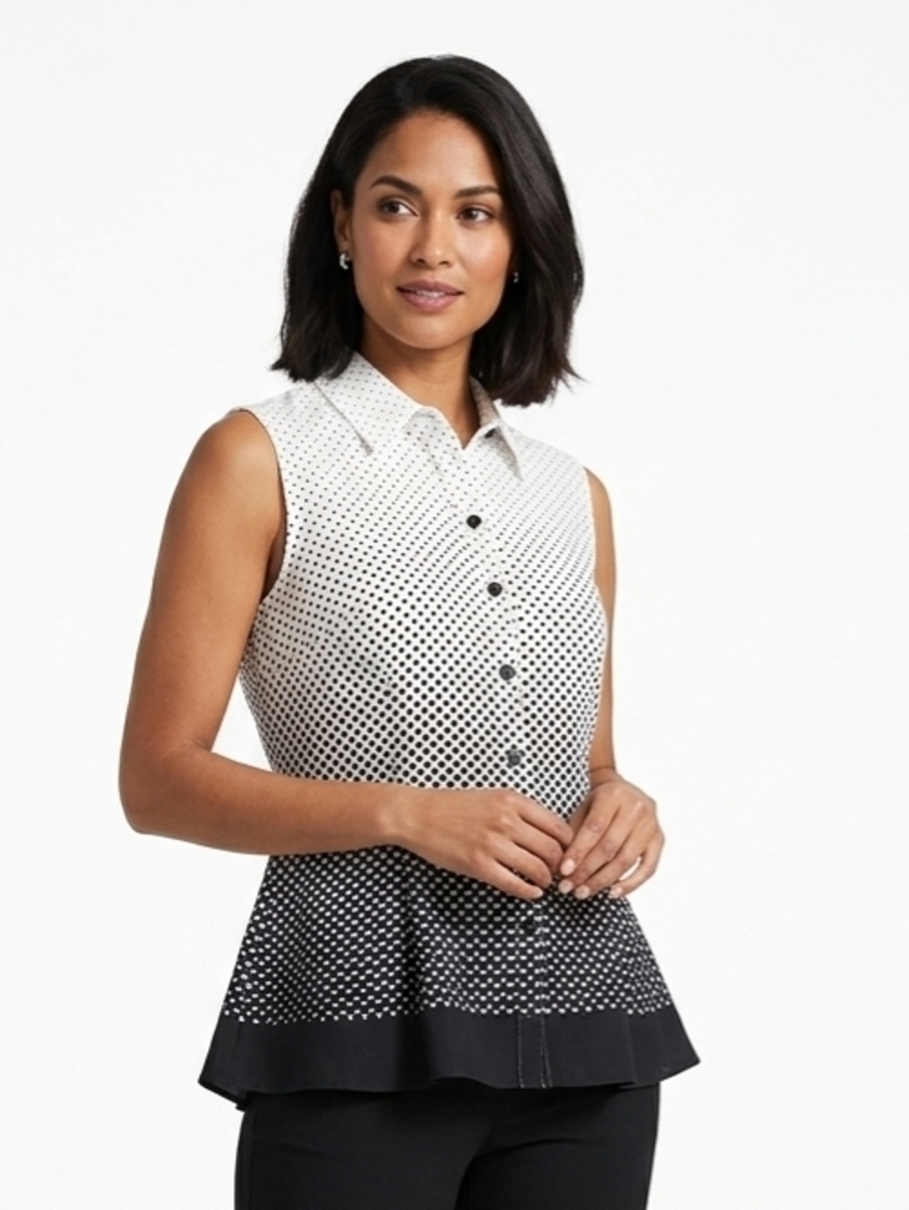 Signature Collection Black White Ombre Polka Dot Sleeveless Button Down Blouse S